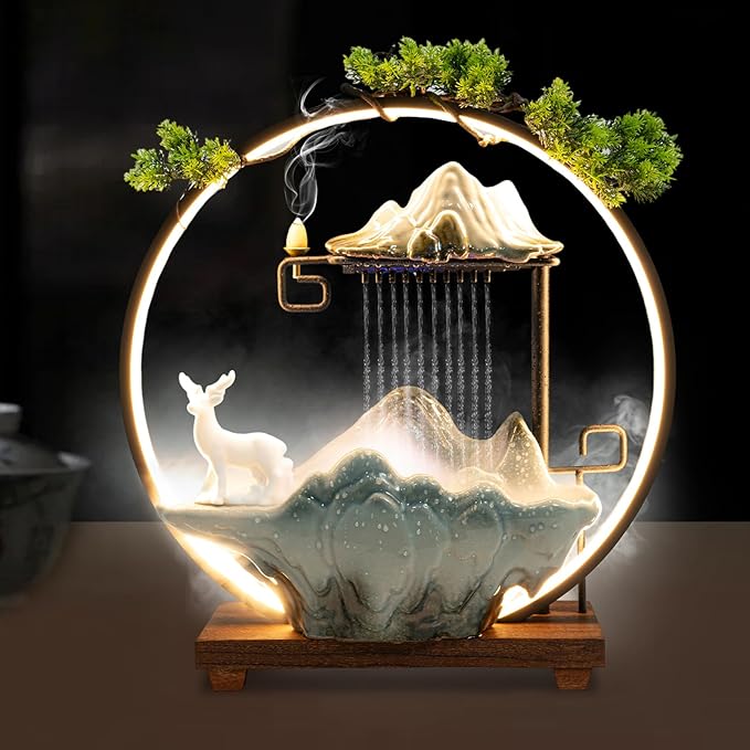 Ceramic Water Fountains Indoor Waterfall Relaxation Desktop Fountain Zen Meditation Rockery Tabletop Fountain Waterfall Feng Shui Water Fountain with Lights for Good Luck - Bloomnest