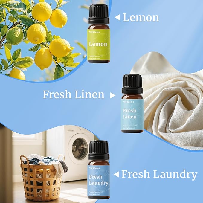 Diffuser Fragrance Oils, Aromtopia Essential Oils for Diffusers for Home, 6x10ml Fresh Home Set, Clean Scents for Candle Soap Making, Dryer Ball, Fresh Linen, Fresh Laundry, Crisp Breeze, Lemon - Bloomnest