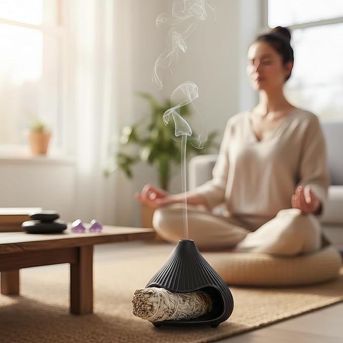 Retro Ceramic Palo Santo Holder, Sage Smudge Burner, Mini Fireplace Mount Fuji Chimney Incense Ash Catcher, Boho Zen Meditation Home Decor Gift (Matte Black) Bloomnest