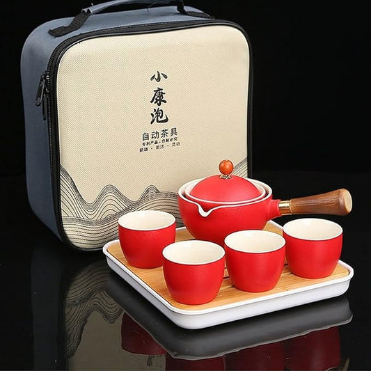 Ceramic Portable Travel Tea Set, Chinese Kungfu Tea Set with 360 Rotation Teapot and Infuser, 4 Tea Cups, Tea Tray And Travel Bag (Red)