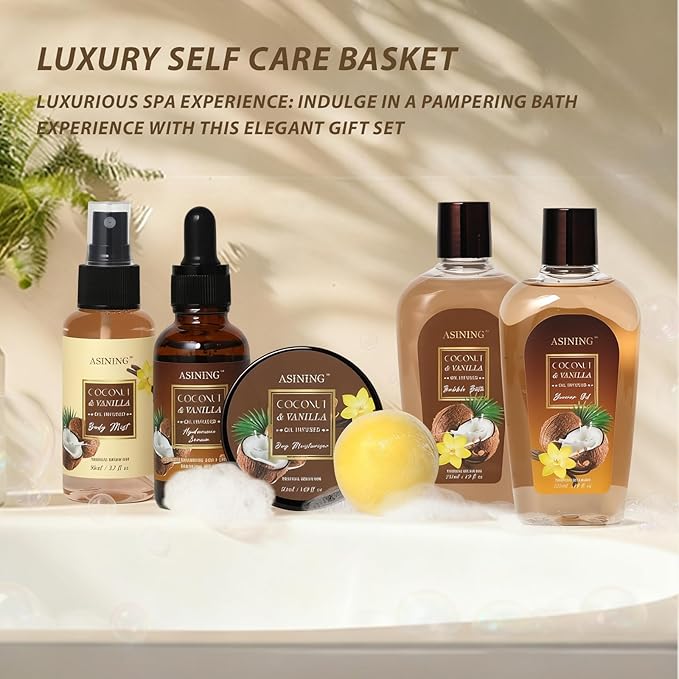 Spa Basket for Women, Coconut Vanilla Bath & Body Set, Christmas & Birthday Gift, Unique Gift with Bath Bombs, Body Lotion, Spa Bath Sets for men Gift Home Spa Set Luxurious Bath Gift & More - Bloomnest