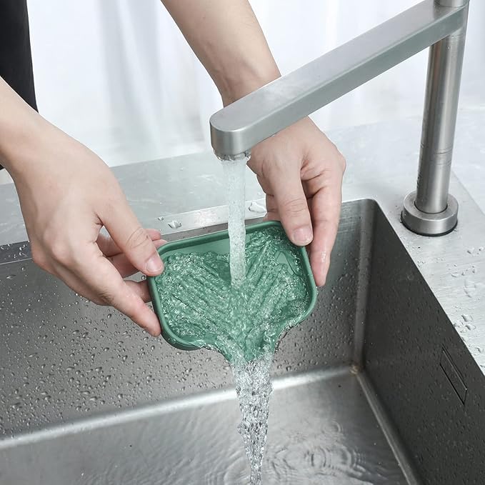 Silicone Bathroom Soap Dishes with Drain Spout-Bathroom and Kitchen Sink Organizer,Sponge Holder,Dish Soap Tray,Perfect for Dispenser,Scrubber,Bottle,Cup on Sink or Counter-Green 4.9"×3.2" - Bloomnest