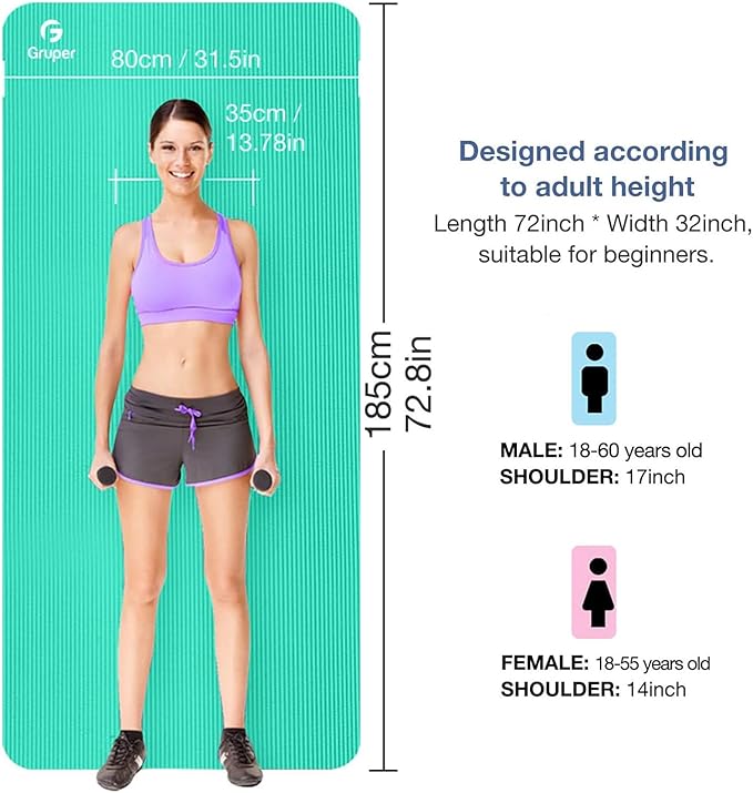 Yoga Mat Non Slip NBR Thick Yoga Mat, 72"L x 32"/24"W x 0.6"/0.4"TH (185cm x 80cm/61cm x 15mm/10mm), Anti-Tear Exercise Mat with Carrying Strap and Bag, Workout Mats for Yoga, Pilates, Floor Exercises - Bloomnest