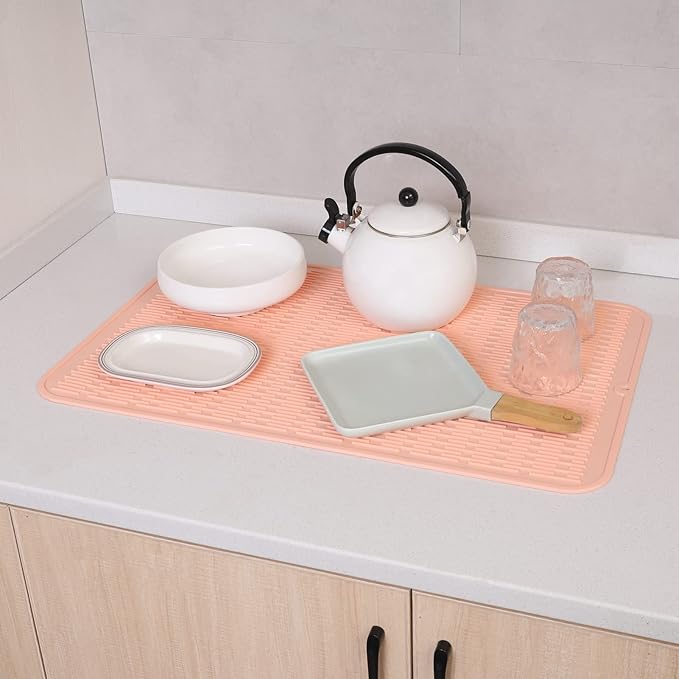 Silicone Dish Drying Mat for Multiple Usage,Easy clean,Eco-friendly,Heat-resistant Silicone Mat for Kitchen Counter or Sink,Refrigerator or Drawer Liner Pink 3XL 28 inches x 18 inches - Bloomnest