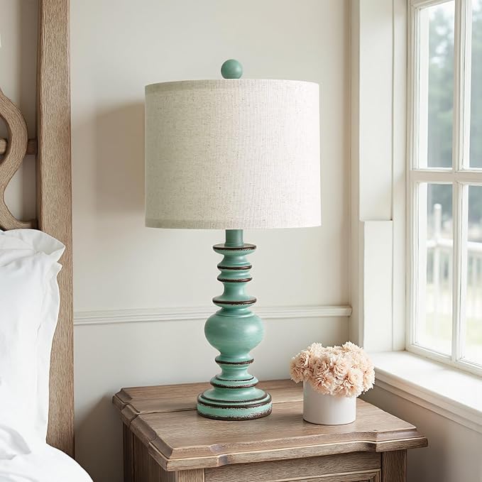 BOBOMOMO 20" Distressed Teal Bedside Lamps Set of 2, Hand-Painted Vintage Resin Lamps with Linen Shades, Cottage Farmhouse Lamp for Living Room, Bedroom, and Hallway, Space-Saving Accent Lamps - Bloomnest