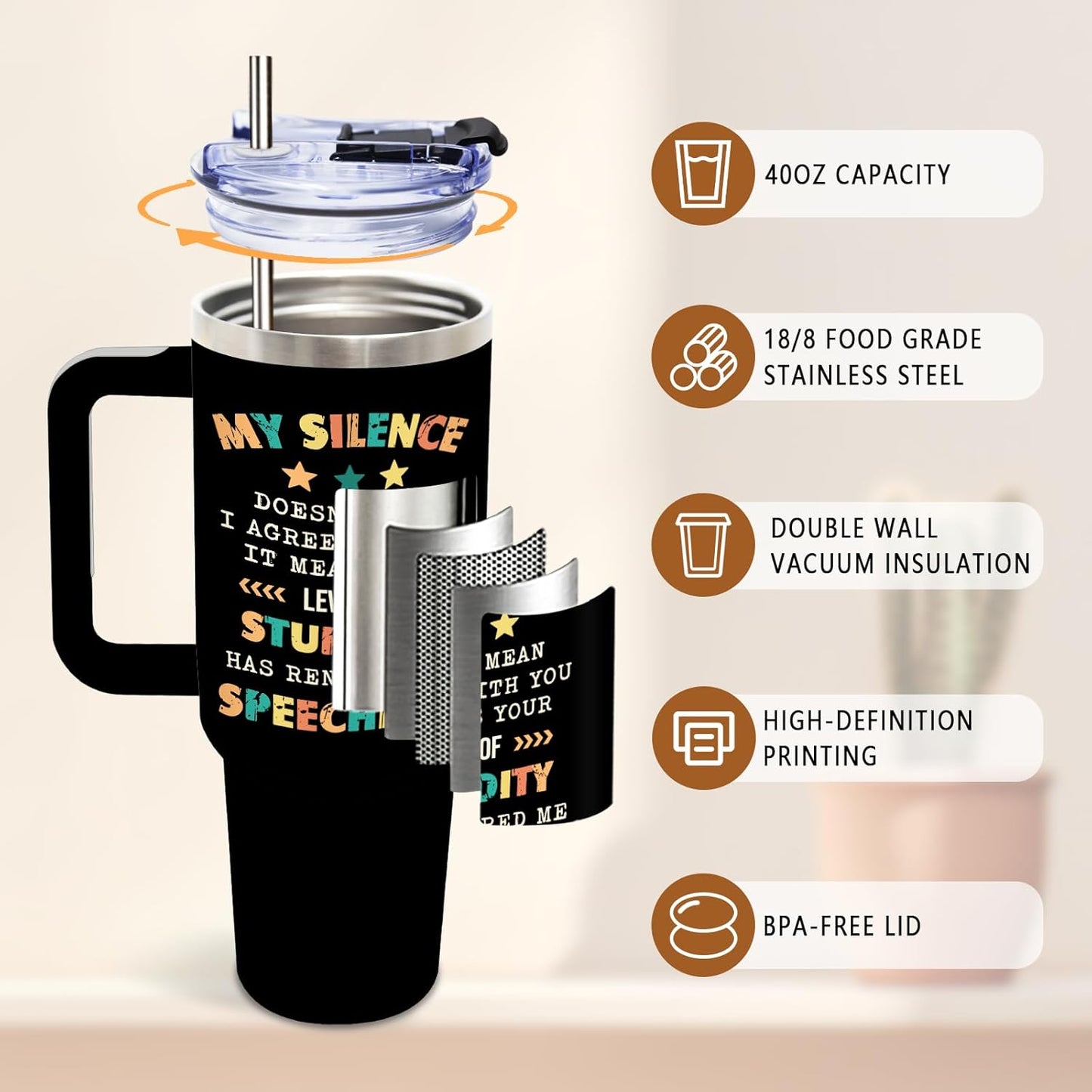 DUUV Sarcastic Tumbler 40 Oz, 'My Silence Doesn't Mean I Agree' Funny Insulated Mug for Christmas Thanksgiving, Gag Gifts for Coworkers, Boss, Friends, Office Parties, 1PCS