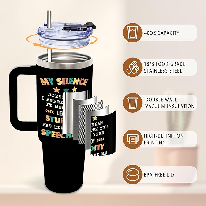 DUUV Sarcastic Tumbler 40 Oz, 'My Silence Doesn't Mean I Agree' Funny Insulated Mug for Christmas Thanksgiving, Gag Gifts for Coworkers, Boss, Friends, Office Parties, 1PCS - Bloomnest