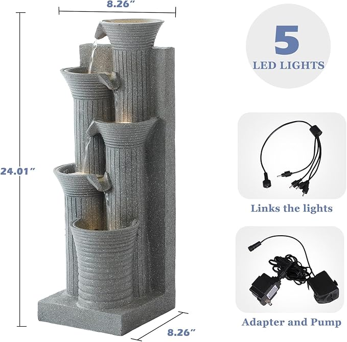 Grepatio Garden Water Fountain, 5 Tier Outdoor Cascading Waterfalls Fountains with LED Lights and Pump Indoor Modern 24" H Floor Standing Water Fountain for Garden, Patio, House Decor (Light Grey) - Bloomnest