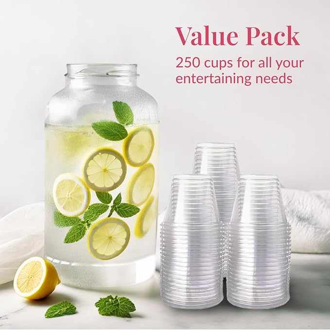 Prestee 250-Pack - 9oz Clear Plastic Cups - Durable Disposable Plastic Wine Glasses for Party, Weddings, and Catering - Small Drinking Glasses for Cocktails and Beverages - Heavy-Duty Fruit Punch Cups - Bloomnest
