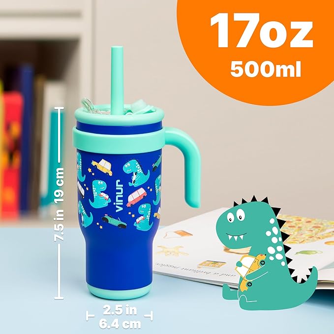 VINUR Kids Tumbler with Handle and Straw Lid |17 oz Stainless Steel Insulated Leak Proof Water Tumbler Mug for Kids Boys Girls 6+| Holder Friendly | Dinosaur - Bloomnest