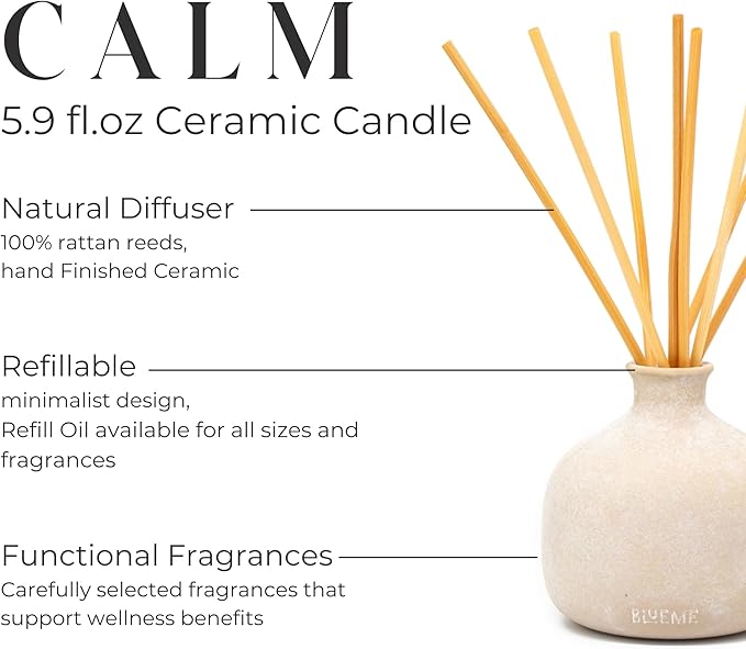 BLUEME Calm-Osmanthus & Sandalwood, 5.92 Fl Oz Wellness Diffuser, Contains Essential Oil, Sustainable, Hand Finished, Premium, Luxury Ceramic, Natural Rattan Reeds - Bloomnest