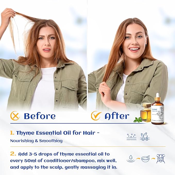 HIQILI 3.38 Fl Oz Thyme Essential Oil, 100% Pure Undiluted for Hair, Skin, Diffuser, Aromatherapy, Includes 10ML Travel Bottle - 100ML - Bloomnest