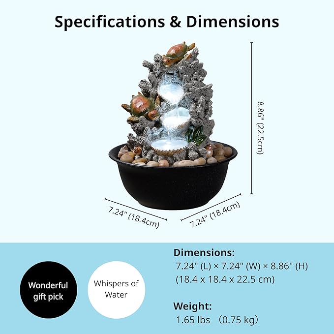 Indoor Tabletop Turtle Water Fountain with LED Light – Coastal Sea Life Desk Waterfall Feature with Soothing Sounds and River Rocks, Ocean Zen Decor for Home Office - Bloomnest