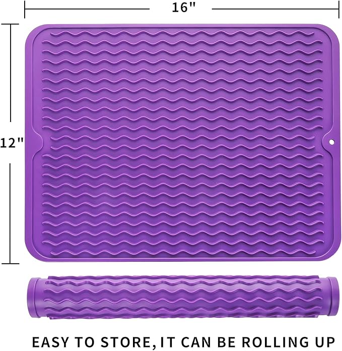 Silicone Dish Drying Mat for Multiple Usage,Easy clean,Eco-friendly,Heat-resistant Silicone Mat for Kitchen Counter or Sink,Refrigerator or drawer liner Purple L 16 inches x 12 inches - Bloomnest