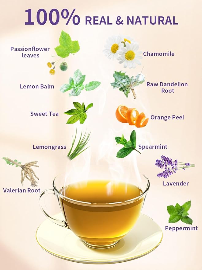 TeeLux Chamomile Passionflower Tea, Caffeine Free Tea with Lemon Balm, Spearmint, Valerian Root, Lavender, Soothing & Smooth Taste, 100 Count - Bloomnest