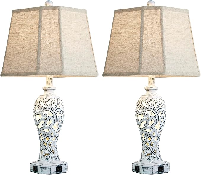 25'' Farmhouse Table Lamps Set of 2 for Living Room Bedroom, 2 USB Ports Rustic Vintage Nightstand Table Lamp with Nightlight, Hollow Out Resin Lamp for End Table (Bulbs Included) - Bloomnest