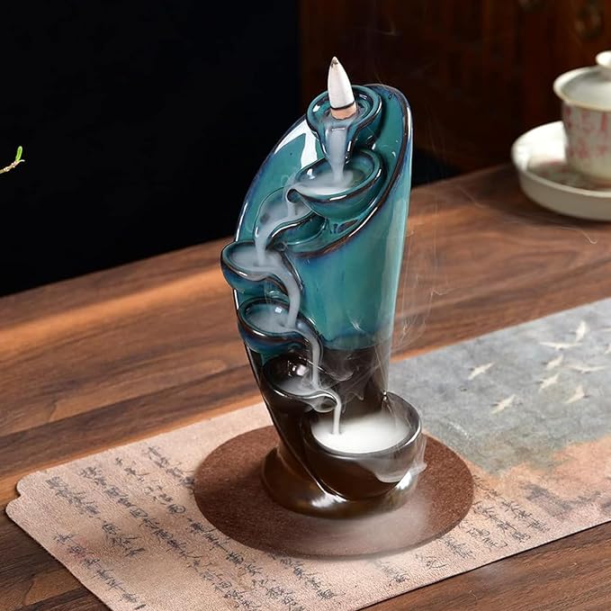 YYW Backflow Incense Burner Holder Handmade Statue Decor Fountain Waterfall Incense Holder with 20 Backflow Incense Cones 30 Incense Sticks 1 Tweezer 1 Mat for Indoor Meditation Yoga (Blue) - Bloomnest