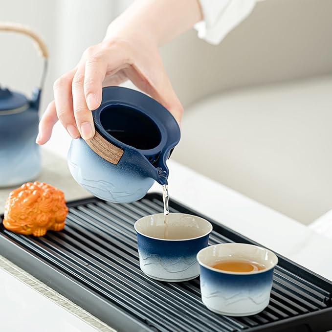 ICHAG Chinese Tea Set, Japanese Tea Sets for Adults, 15-Piece Porcelain Gongfu Tea Set with Tea Pet & Tea Tray, Japanese Teapot Set, Travel Tea Party Set, for Home/Office/Outdoor/Gifts (Blue) - Bloomnest