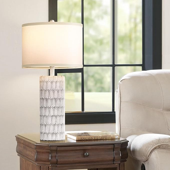 26" Farmhouse Table Lamps for Living Room Set of 2, Antique Traditional End Table Lamps for Bedroom Night Stand, White Shade Rustic Bedside Lamps with Grey-White Resin Body, Bulbs Included - Bloomnest