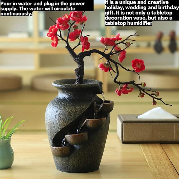 16" Flower Ornament Vase Decorative Bonsai Mini Tabletop Waterfall Fountain Indoor with Water Flow & Artificial Bouquet, Desktop Water Fountains Restaurant Coffee Home Decor or Festival Birthday Gift - Bloomnest