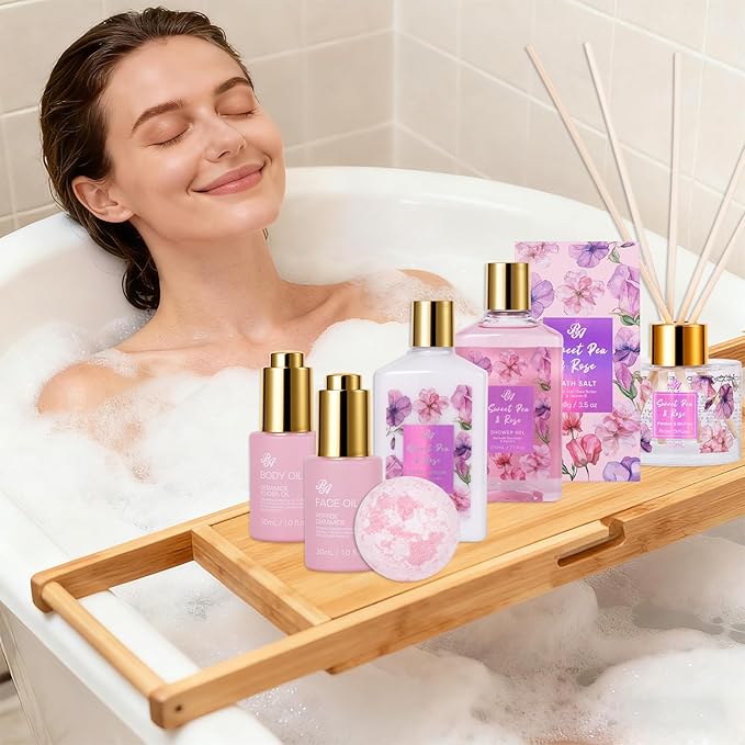 35 Pcs Valentines Day Gifts Basket for Women, Rose Bath and Body Gift, Facial Skin Care Set, Self Care Pampering Kit, Face Sheet Mask, Home Spa, Perfume, Birthday, Mother Day, Bridal Shower - Bloomnest
