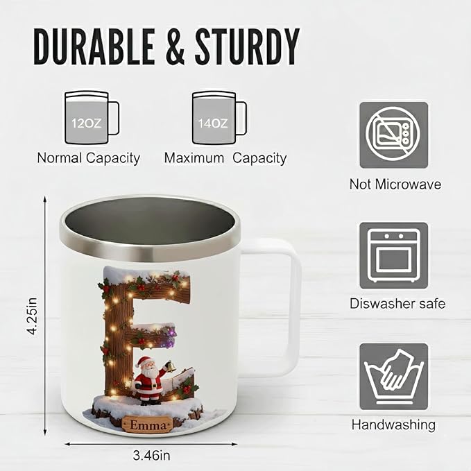 Personalized Christmas Mug | Custom Rustic Log Santa Initial Insulated Coffee Cup with Handle & Lid | 12oz Holiday Tumbler, Unique Winter Scene Gift (B38) - Bloomnest