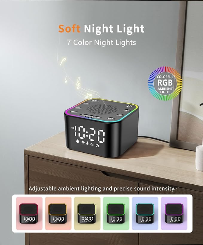 White Noise Sound Machine, Alarm Clock with Sound Machine for Sleeping, White Noise Machine with Digital Clock for Bedrooms, RGB Night Light, 30 Soothing Sounds for Baby Kids Adults - Bloomnest