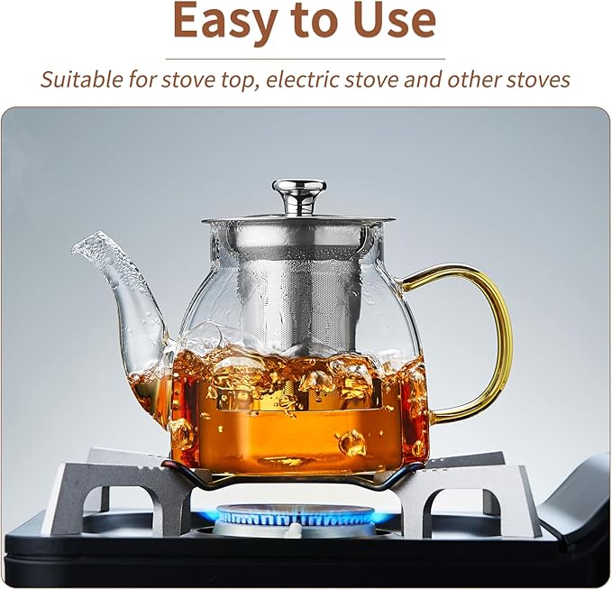 Glass Tea Pot with Stainless Steel Infuser and Lid (Octagonal), Clear Glass Teapot, Borosilicate Hydrochloric Glass Heat Resistant, Fine Glass Filter for Flower Tea, Tea Bags (27 oz / 800 ml) - Bloomnest