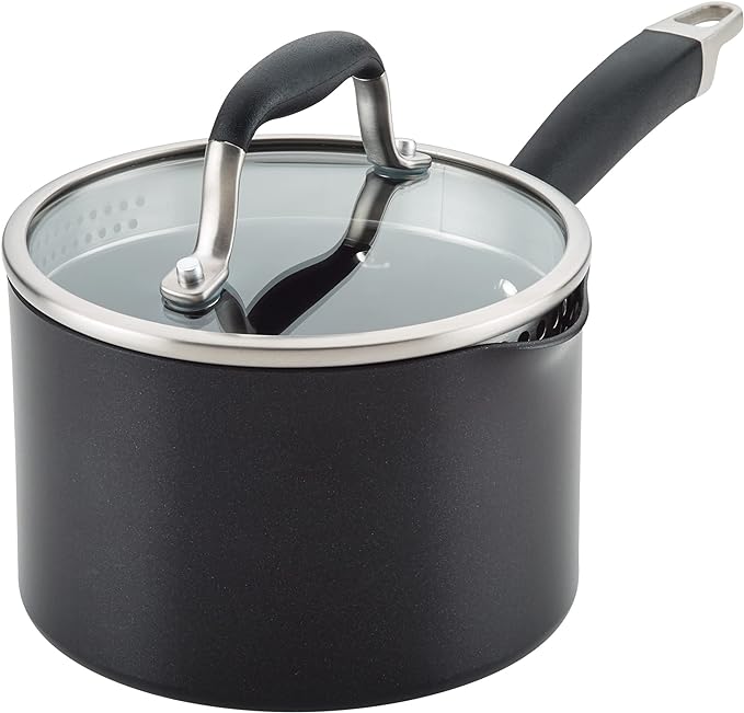 Anolon Advanced Home Hard Anodized Nonstick Sauce Pan/Saucepan with Straining and Lid, 2 Quart (2 Qt Straining Saucepan, Onyx) - Bloomnest