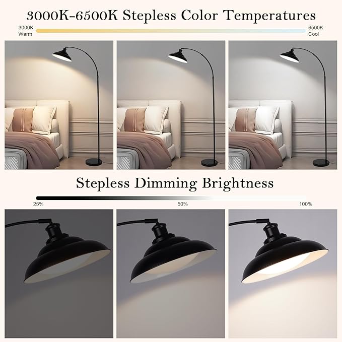 Arc Floor Lamp, Dimmable Dome Floor Lamp with Remote & Foot Switch, Modern Standing Lamp 3000-6500K 25W Integrated LED Bulb, Black Tall Lamp Over Couch Lamps for Living Room Bedroom Offices(Black) - Bloomnest