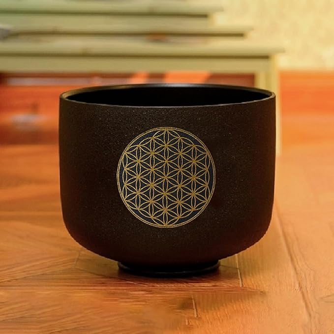 Hye-eun Crystal Singing Bowl 528HZ 8 Inch C Note, Black Sound Healing Crystal Bowl Meditation Sound Bath Life Flower Singing Bowl With Bag