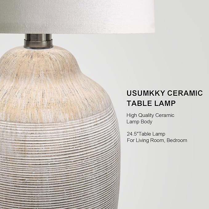 24 inch Vintage Ceramic Table Lamp - Single Farmhouse Rustic Bedside Lamp with Natural Textured Finish, Nightstand Lamps for Living Room, Bedroom, End Table - Bloomnest