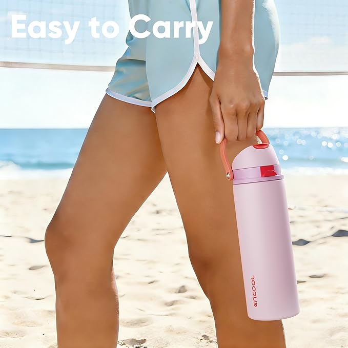 Insulated Water Bottle with Straw - Encool Stainless Steel Water Bottle with Push Button Lid, Leak-Proof & BPA-Free, Keeps Cold for 24 Hours for Sports, Travel, Gym (32 oz, Lily-Red) ENCOOL