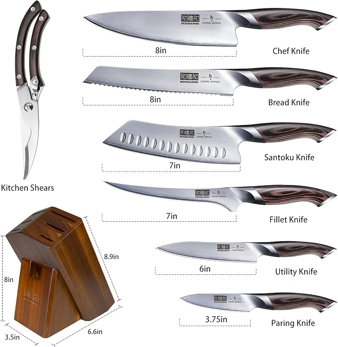 HOSHANHO 8-Piece Kitchen Knife Set, Japanese High Carbon Super Steel Knife Sets with Block, Professional Ultra Sharp Chef Knife Set with Scissors - Bloomnest