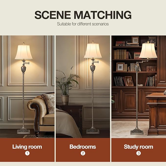 Traditional LED Floor Lamp with 350° Adjustable Swing Arm Lamp – Vintage Standing Pole lamp for Living Room, Bedroom and Office – Rustic Upright Floor Light for Home Décor with Silk Fabric Shade - Bloomnest