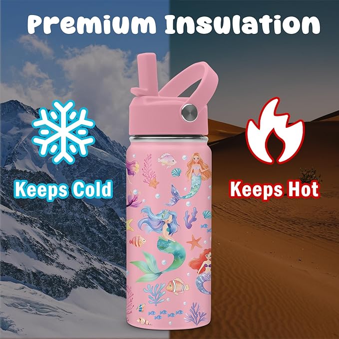 Mermaid Water Bottle, 16oz Little Mermaid Girls Stainless Steel Insulated Water Bottle with Straw Lid, Mermaids Cup Tumbler Gifts for Kids Girls - Bloomnest