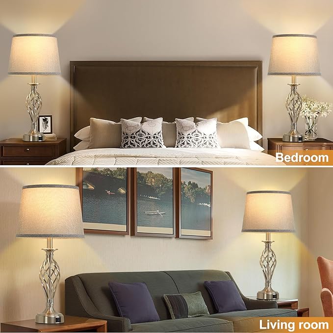 Nightstand Table Lamps for Bedrooms Set of 2 with USB C+A, Bedside Lamps with Spiral Cage Base, Tall Living Room Lamps for End Tables, Modern Night Stand Lamps for Bed Side Guest Room Bulbs Included - Bloomnest