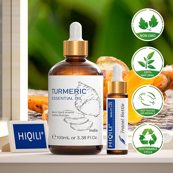 HIQILI 100ML Turmeric Oil for Face Skin Care, Aromatherapy,100% Pure, Use After Dilution- 3.38 Fl Oz - Bloomnest