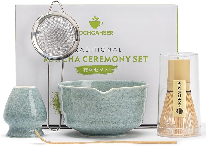 Matcha Kit Set, Matcha Whisk Set Includes Matcha Bowl And Holder, Bamboo Matcha Whisk, Scoop and Matcha Sifter, 17 oz Mottled Blue Glaze Ceramic Matcha Kit for Tea Lovers - Bloomnest