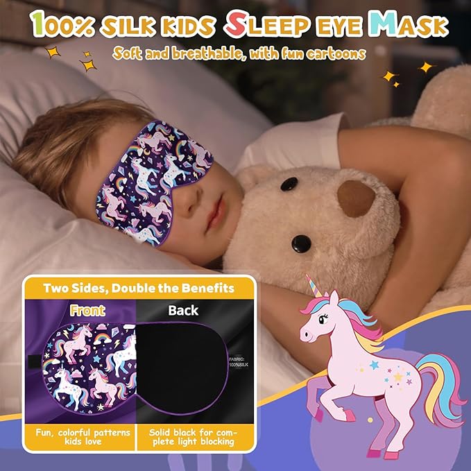 Silk Kids Sleep Mask: 100% Mulberry Silk Eye Mask, Sleeping Masks with Adjustable Strap, Soft & Light-Blocking Printed Kid Eye Cover for Boys Girls Teens Aged 5-15 (Horse Theme) - Bloomnest