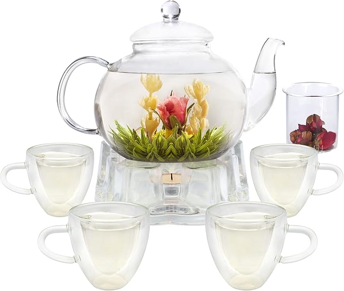 Glass Teapot Set, 40OZ/1200ml Stovetop Safe Glass Tea Kettle with 4 Double-Wall Tea Cups & Loose Tea Infuser & Tea Warmer, Dishwasher Safe Tea Maker, Blooming Tea Gift Set For Women - Bloomnest