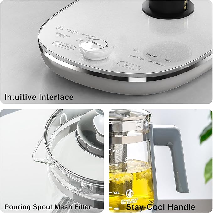 Electric Kettle, 1.5L Borosilicate Glass Hot Water Kettle Electric & Tea Kettle for Coffee or Tea, BPA Free, Auto Shut-Off, Stainless Steel, White, 1200w - Bloomnest