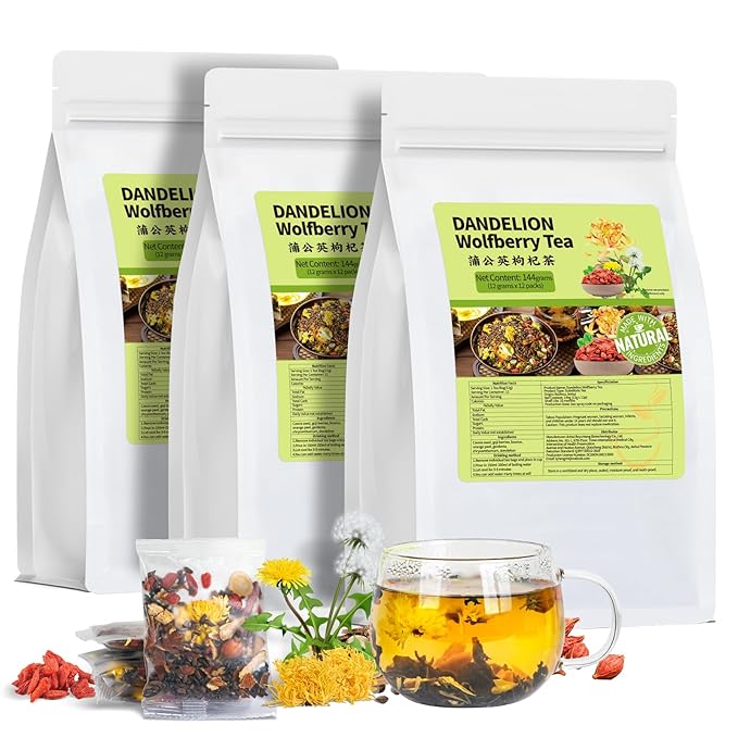 Dandelion Wolfberry Tea, Natural Kidneys & Liver Health Dandelion Root Tea with Dandelion, Wolfberry, Cassia Seed, Chrysanthemum, Licorice, Orange Peel, Gardenia (3 Pack/36 Bags) - Bloomnest