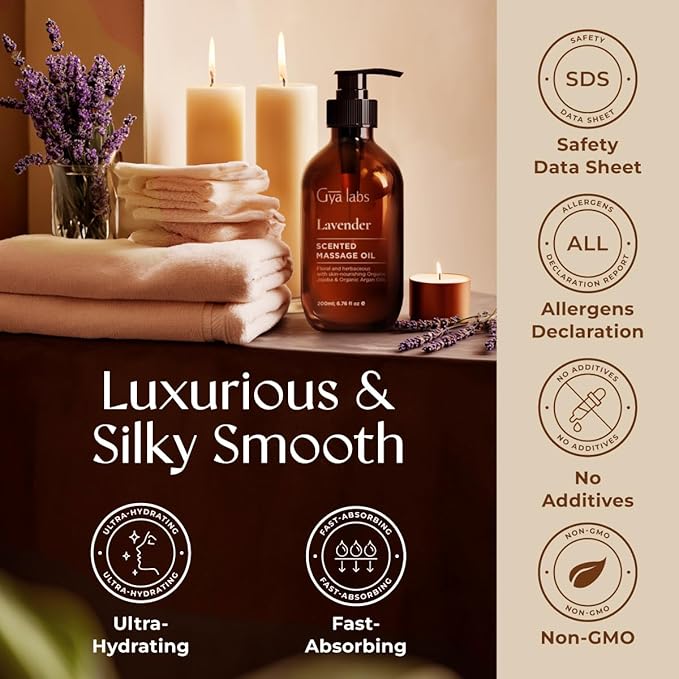 Gya Labs Lavender Massage Oil - 6.76 Fl Oz - Non-Greasy Formula for Sore Muscles, Deep Relaxation & All Skin Types - Suitable for Men & Women - Bloomnest