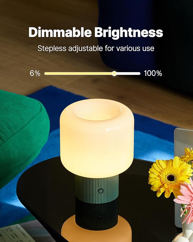 Halo Mushroom Lamp, 5W Cute Cordless Rechargeable Table Lamp with Glass Shade, 3 Color Temps LED Dimmable Ambient Lighting, Small Retro Touch Bedside Light for Bedroom Decor, Vintage Green - Bloomnest