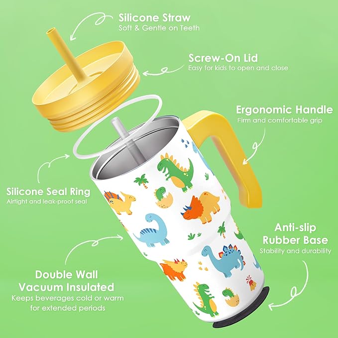 Dinosaur Tumbler 20oz with Handle and Silicone Straw Lid for Kid, Insulated Stainless Steel Cup, Gift for Kids Boys, Gifts Idea for Birthday Christmas Back to School - Bloomnest