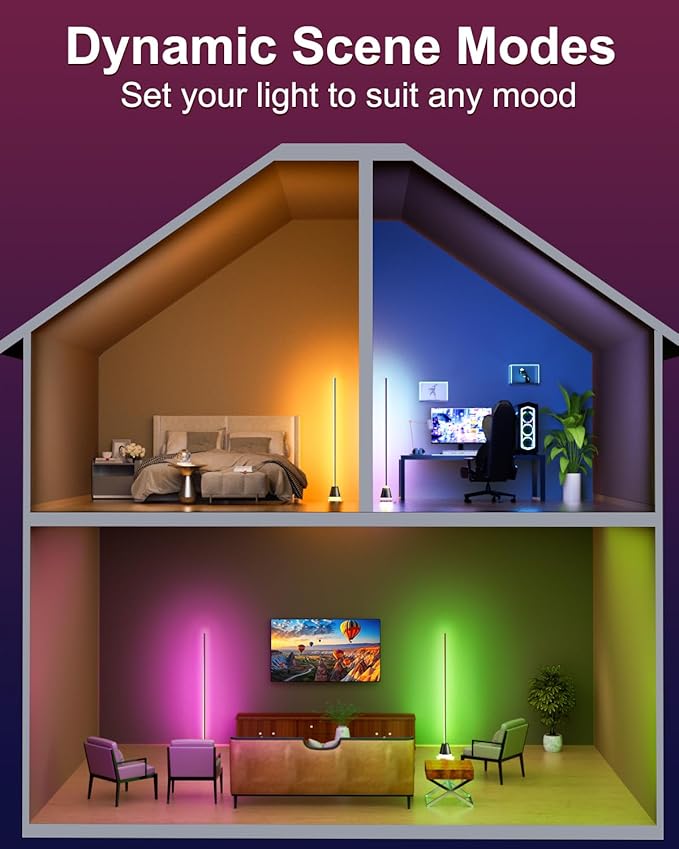Keepsmile Smart RGB LED Corner Floor Lamp,Bright Tall Standing Lamps with APP and Remote,Modern Floor Lamp with Music Sync and 16 Million Colors, Ambient Lighting for Living Room Matte Black 2 Pack - Bloomnest