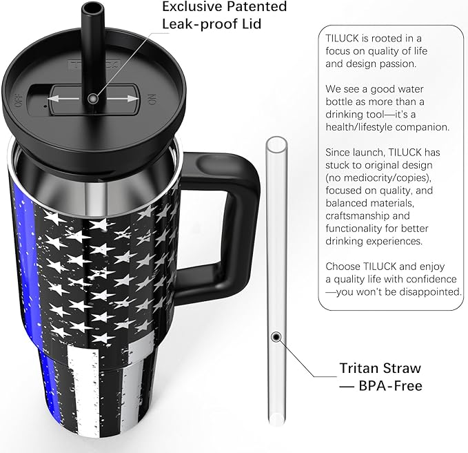 TILUCK 40 oz Tumbler with Handle, Vacuum Insulated Stainless Steel Travel Mug with 100% Leak-Proof Silicone Straw Lid, Cupholder Friendly Water Bottle(BlackFlag, 40oz) - Bloomnest
