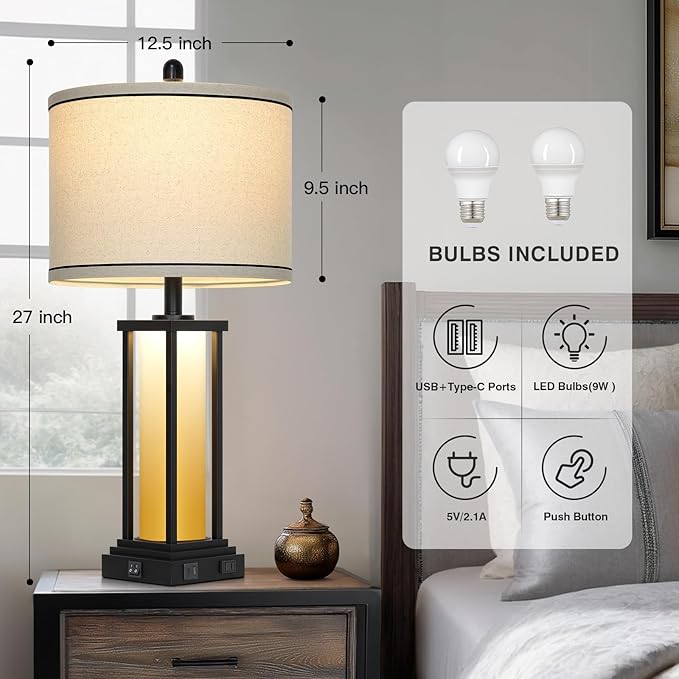 27" Tall Vintage Table Lamp Set of 2 with USB C+A & Outlet,Farmhouse Nightstand Lamp for Living Room,Rustic Retro Bedside Lamps with Red-Orange Glass Night Light for Bedroom Entryway,Black-2 - Bloomnest