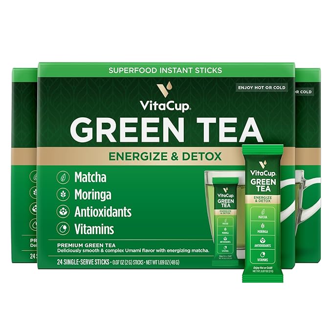 VitaCup Green Tea Instant Packets, Enhance Energy & Detox with Matcha, Moringa, B Vitamins, D3, Fiber, Keto, Paleo, Vegan in Tea Powder Single Serving Sticks, 72 Ct - Bloomnest